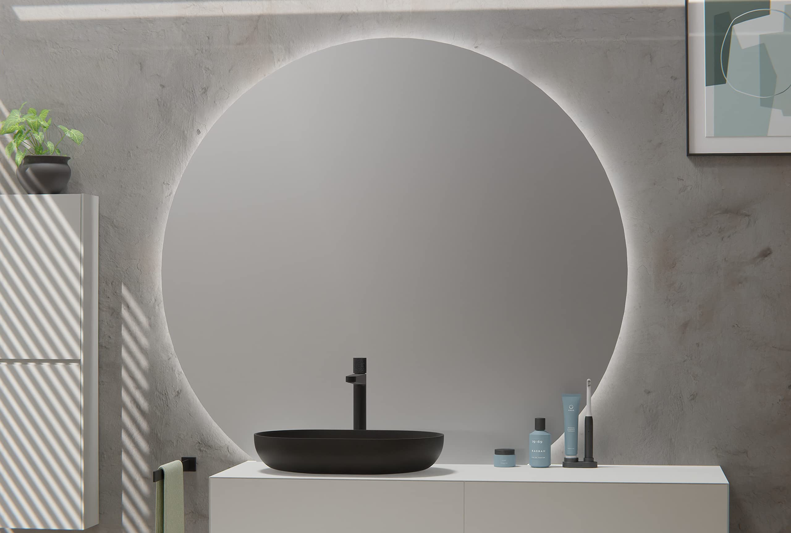 BERNSTEIN - Miroir de Salle de Bain Rond Mural Anti-buée Lumineux LED Miroir Chauffant à Poser éclairage cosmétique lumière - Interrupteur Tactile, Contour LED - Ø140cm - BOVA 2.0