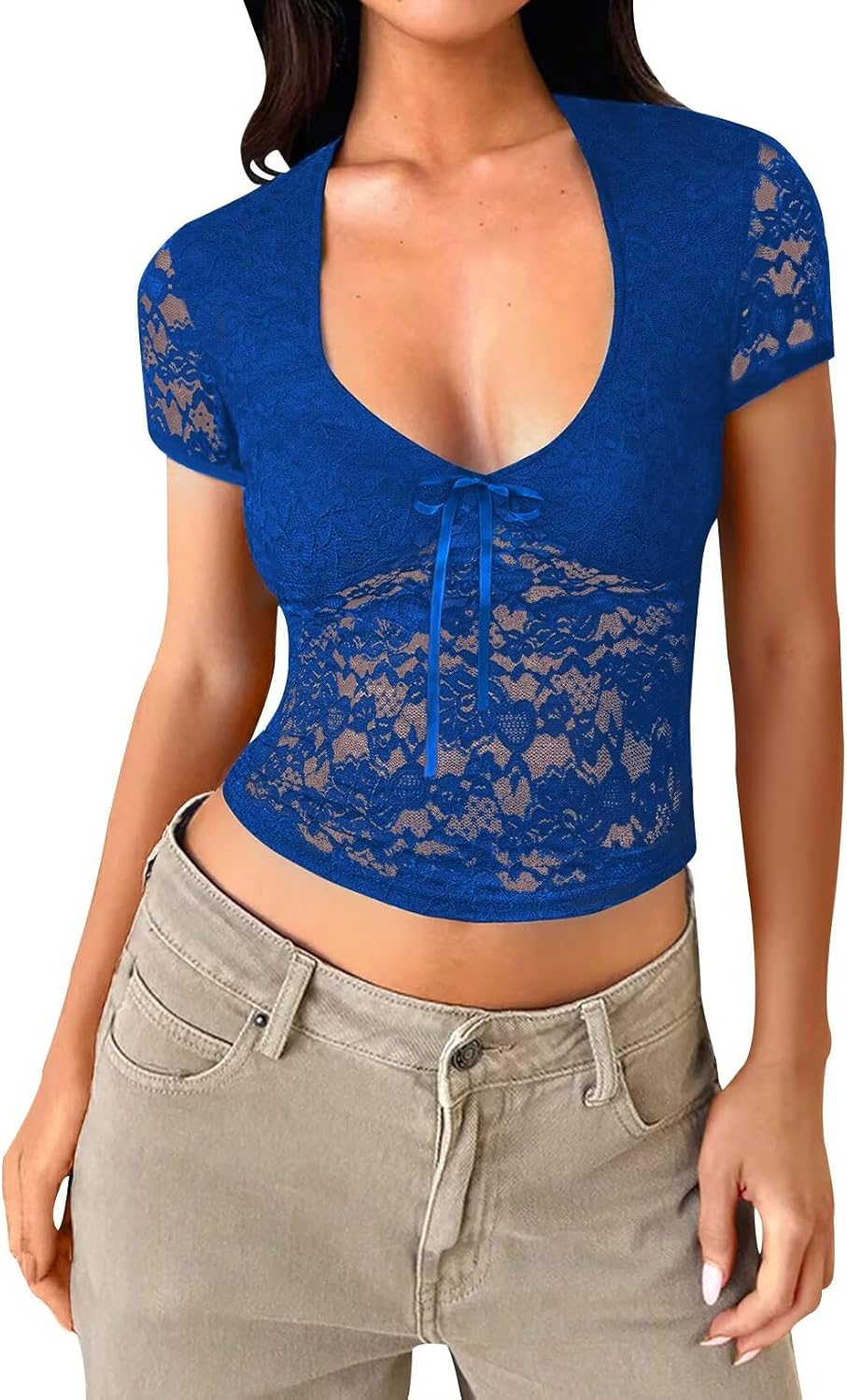 Women's Lace Long Sleeve Shirt Low Cut Y2K Slim Fit Top Bow Sexy Going Out Club Concert Clothes