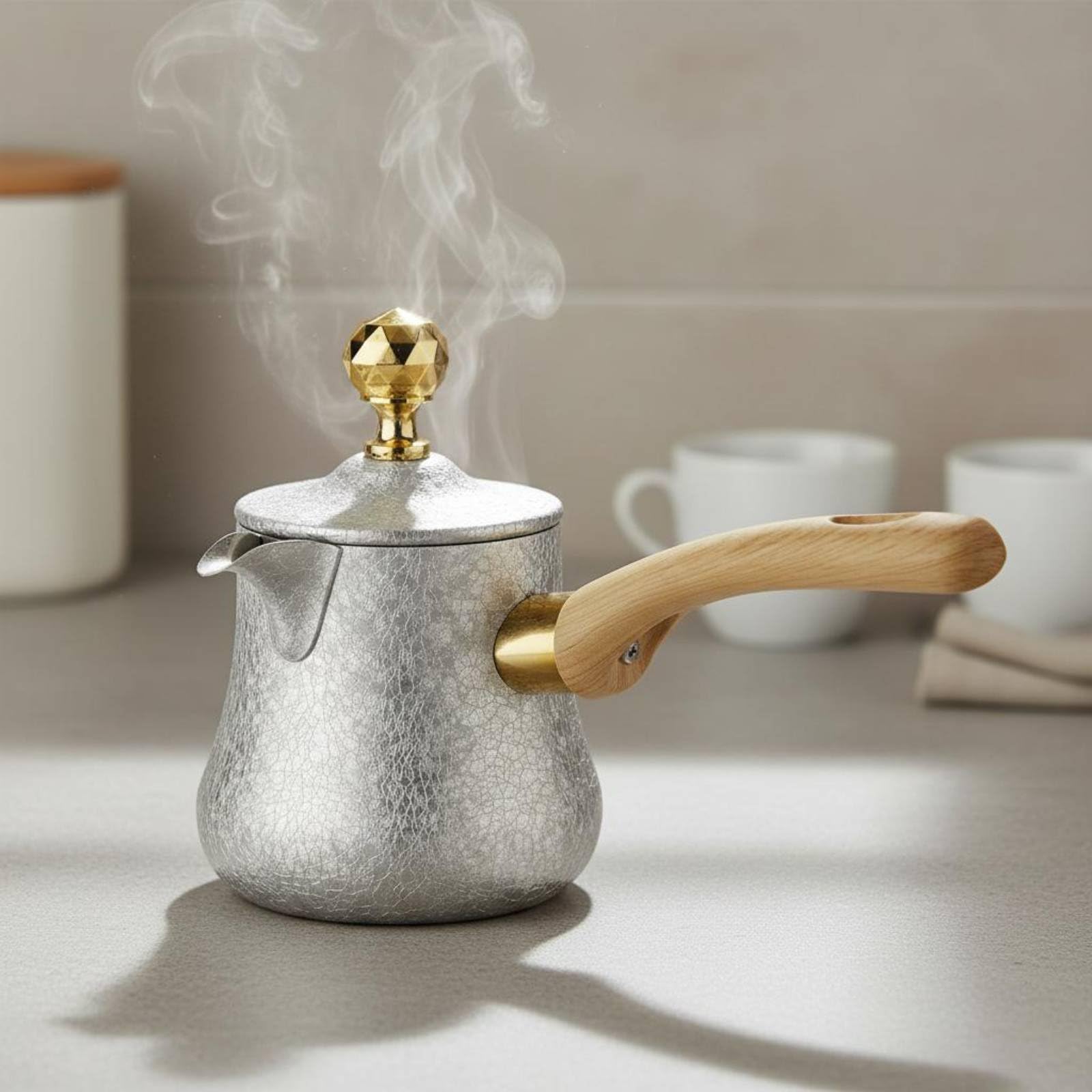 Caffettiera Acciaio Inox Turkish Pot Kettle Manico Legno Riscaldamento Uniforme Versamento Preciso Design Ergonomico Adatta per Campeggio Ufficio, 900ML, size to 1