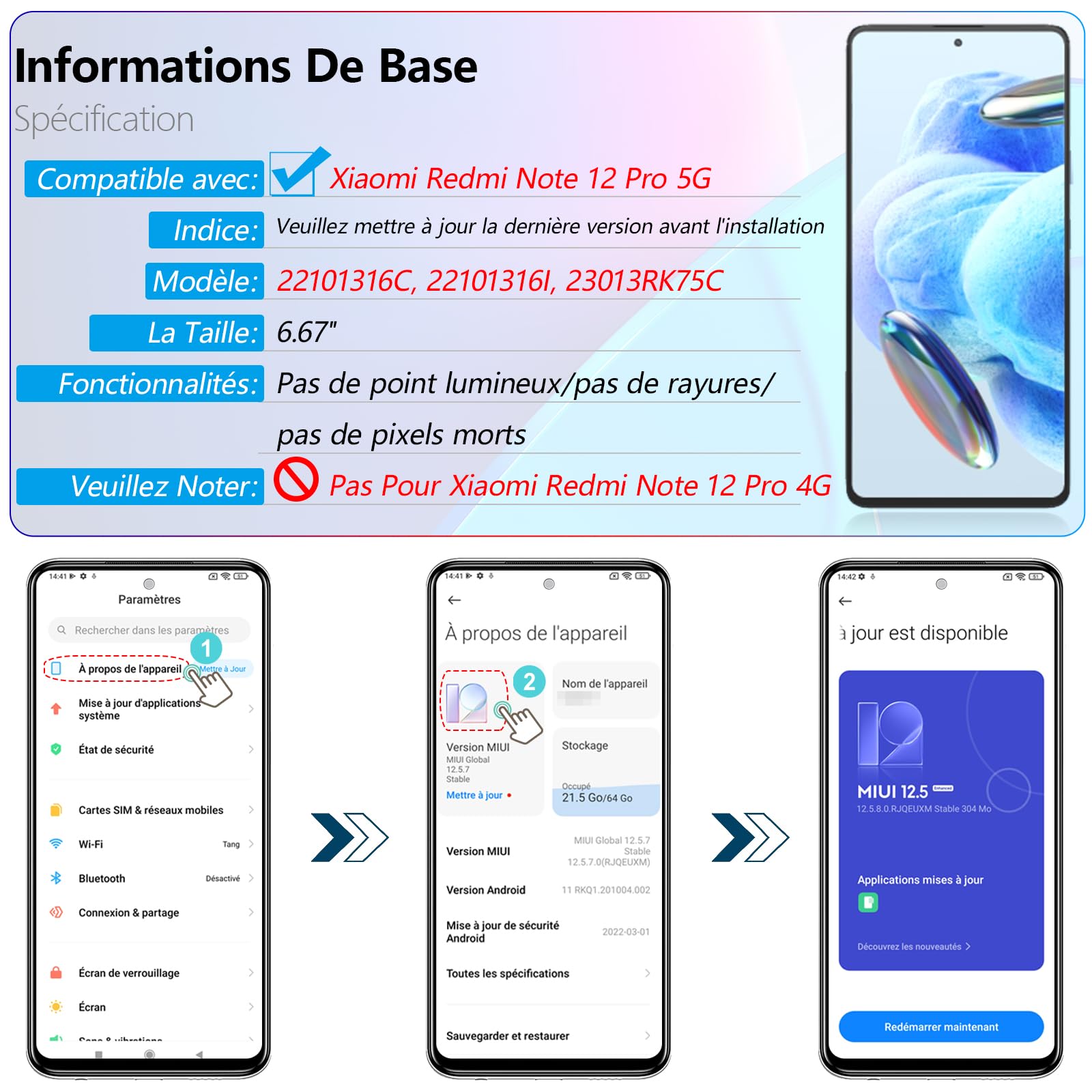 Écran LCD Complet + Vitre Pour Xiaomi Redmi Note 12 Pro 5G - Noir, Avec Kit Outils, Neuf