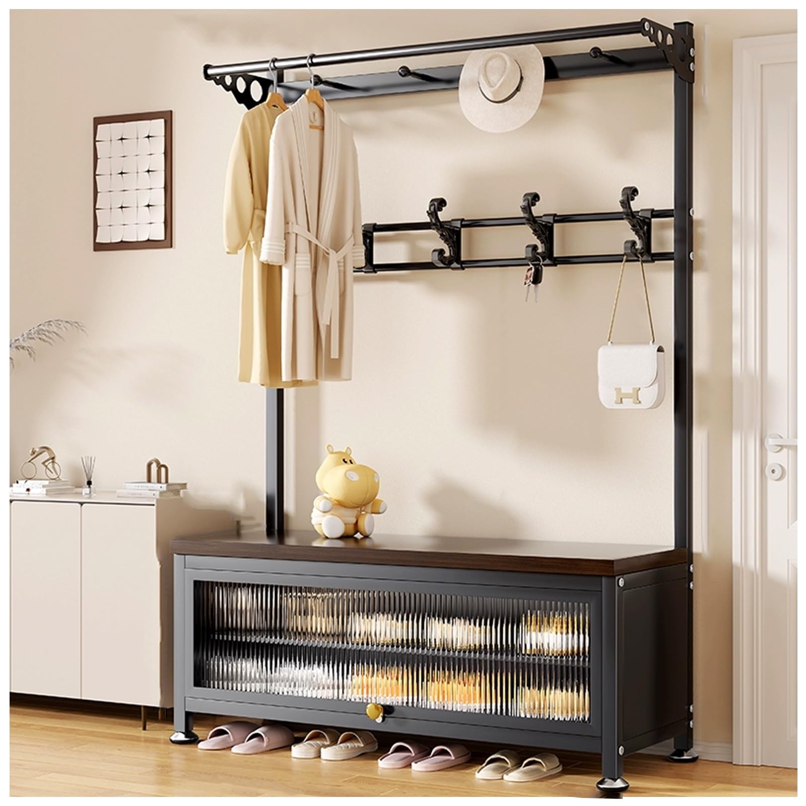 FGXHHS Hall Tree with Shoe Storage Bench, Multi-Purpose Home Organizer, Floor Standing Clothes Rack Shoes Shelf Organizer，Entryway Solution Seating and Hooks(Black,L100*W36CM/L39.3*W14.1I