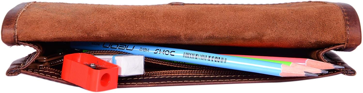 STILORD 'Lenny' Pencil case Leather Vintage Small Ideal as a Little Wallet Purse Stylish Pen case and Cosmetic case in Genuine Buffalo Leather, Colour:Cognac Dark Brown - Image 5