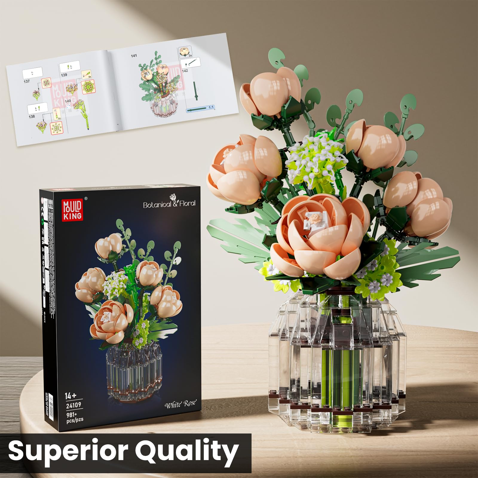 Mould King 24109 Klemmbausteine Blumen Rosa Rosen Blumen Bausteine mit Vase Pflanzen Bausteine Botanical Collection Geschenk für Erwachsene (981 Teile)