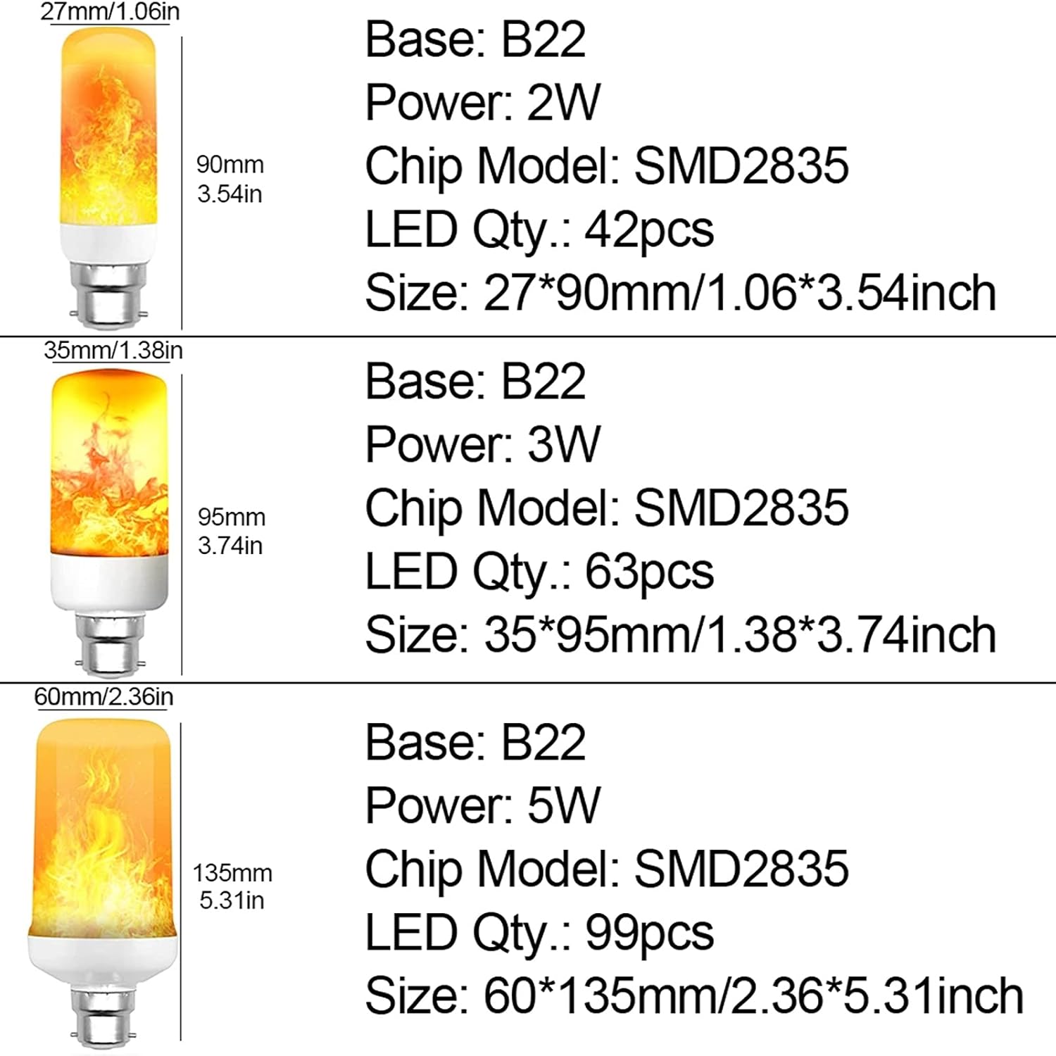 B22 2W 3W 5W Flame Lamp Bulbs LED Dynamic Flame Effect Fire Light Bulb Indoor Outdoor Decor Flickering Emulation LED Blub(4pcs)