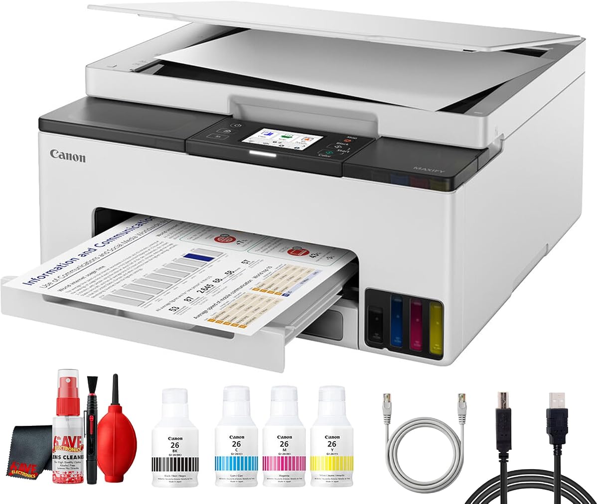 MAXIFY GX1020 MegaTank All-in-One Color Printer (6169C002) Bundle | For Home Office, Small Business, Reports, Labels, Efficient Wireless Printing + Printer Cable + Cleaning Kit (9pc Bundle)