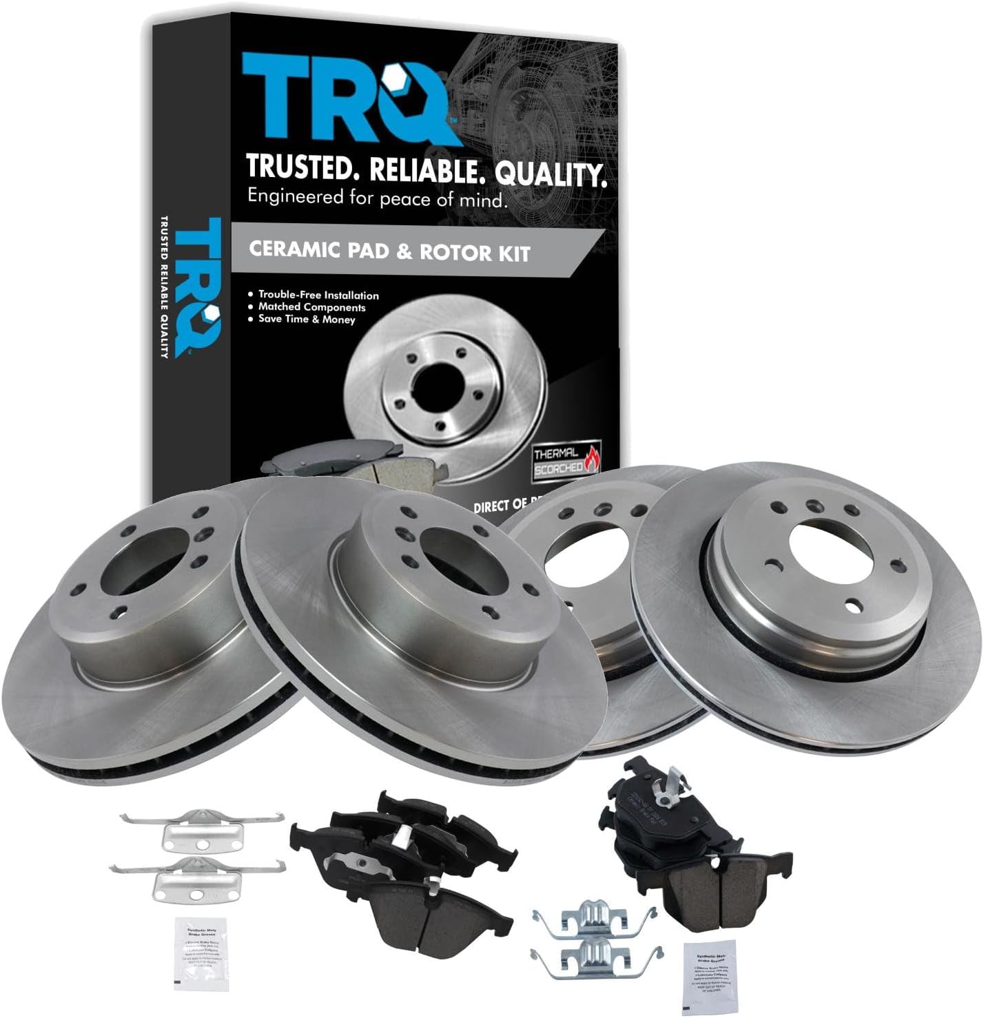 TRQ Front and Rear Brake Pad & Rotor Kit Brake Pads Brake Rotor Ceramic Compatible with 2004-2006 BMW 525i 2008-2010 528i 2004-2007 530i