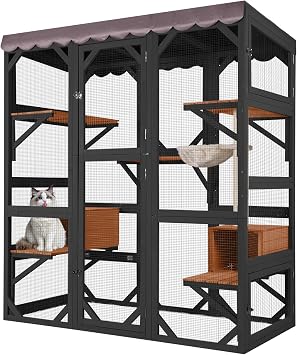 Large Catio Outdoor 4 Tiers Cat Enclosure with 7 Platforms,Scratching Post and 2 Resting Box, Cat Enclosure Window Access, Wooden Cat House with Weatherproof Asphalt Roof, 62.6 inchBlack & White