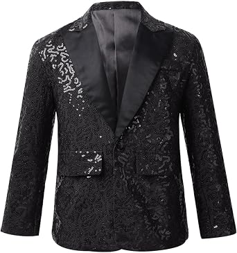 Kids Boys Sequin Jacket Suit One Button Tuxedo Blazer Wedding Dinner Party Disco Costume Prom Gown