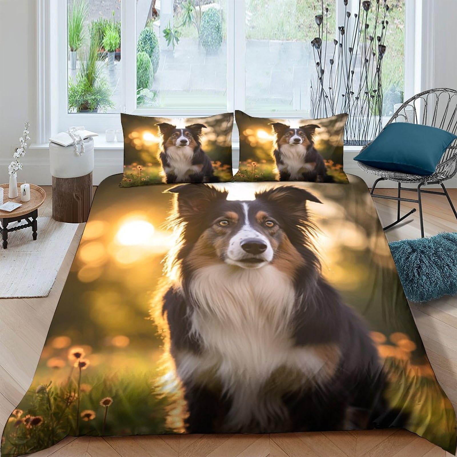Ctjqhvkz Style-1 3D Printed Border Collie Dog Fitted Sheet Microfiber Soft Animal Sunrise Mattress Cover For Bedroom Guest Room Decor Single（135X200cm）