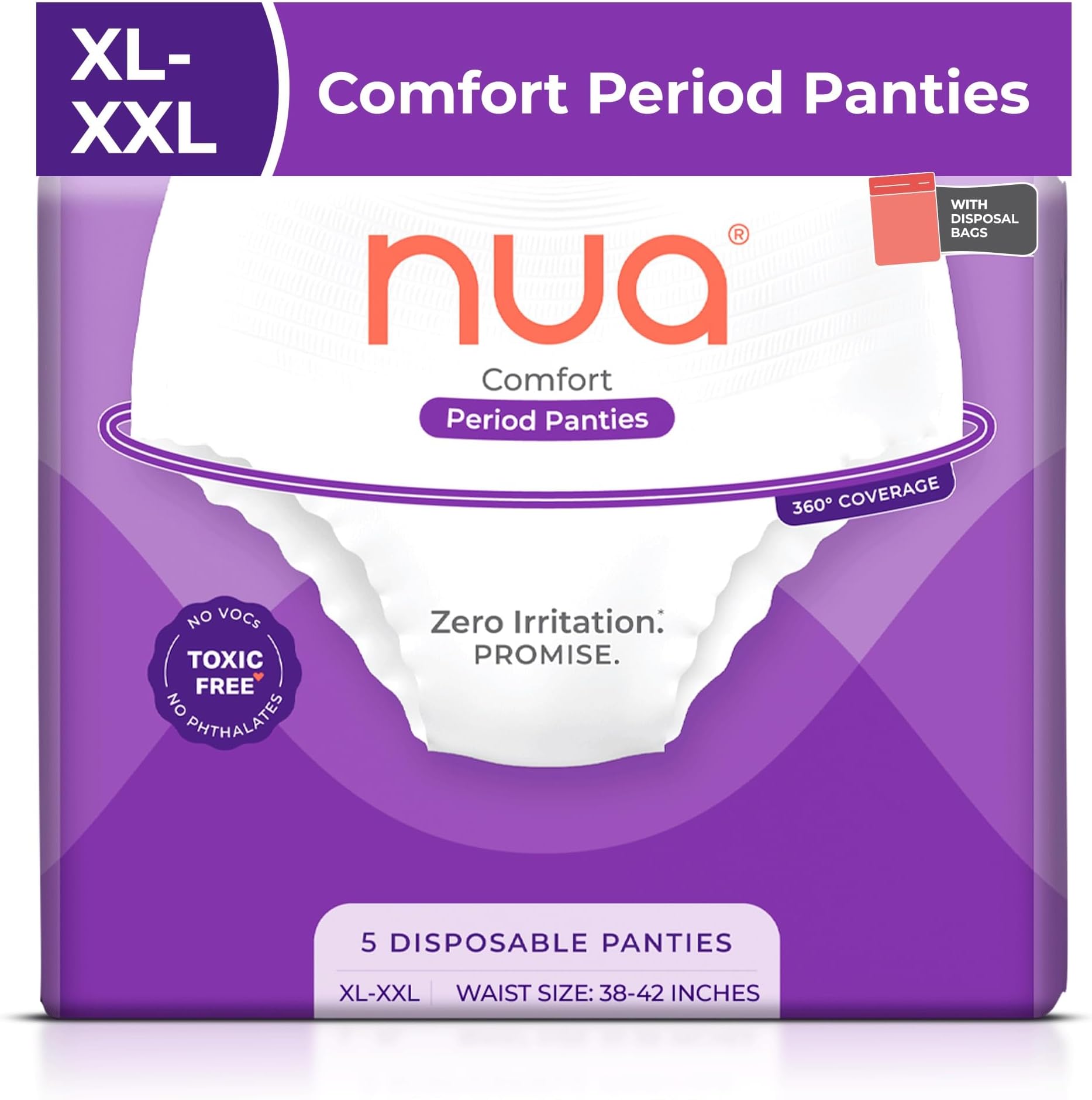 Nua Comfort Period Panties (XL-XXL) | Pack of 5 | Disposable | 360° Coverage | Zero Irritation | 4X Comfort | for Heavy Flow | No rashes | Leakproof | Seamless | 100% Toxic-Free