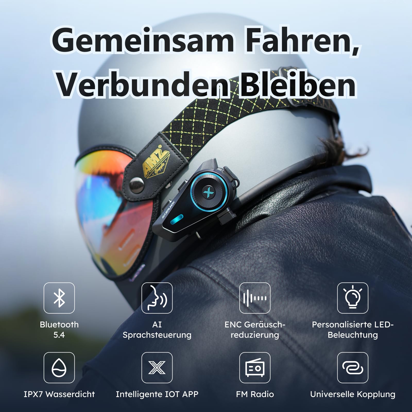 D10 Motorrad Bluetooth Headset, 4-Fahrer Motorrad Intercom bis 2000 m, Bluetooth 5.4 Helm Kommunikationssystem mit universeller Kopplung, FM Radio, IPX7 wasserdicht, Doppelpack