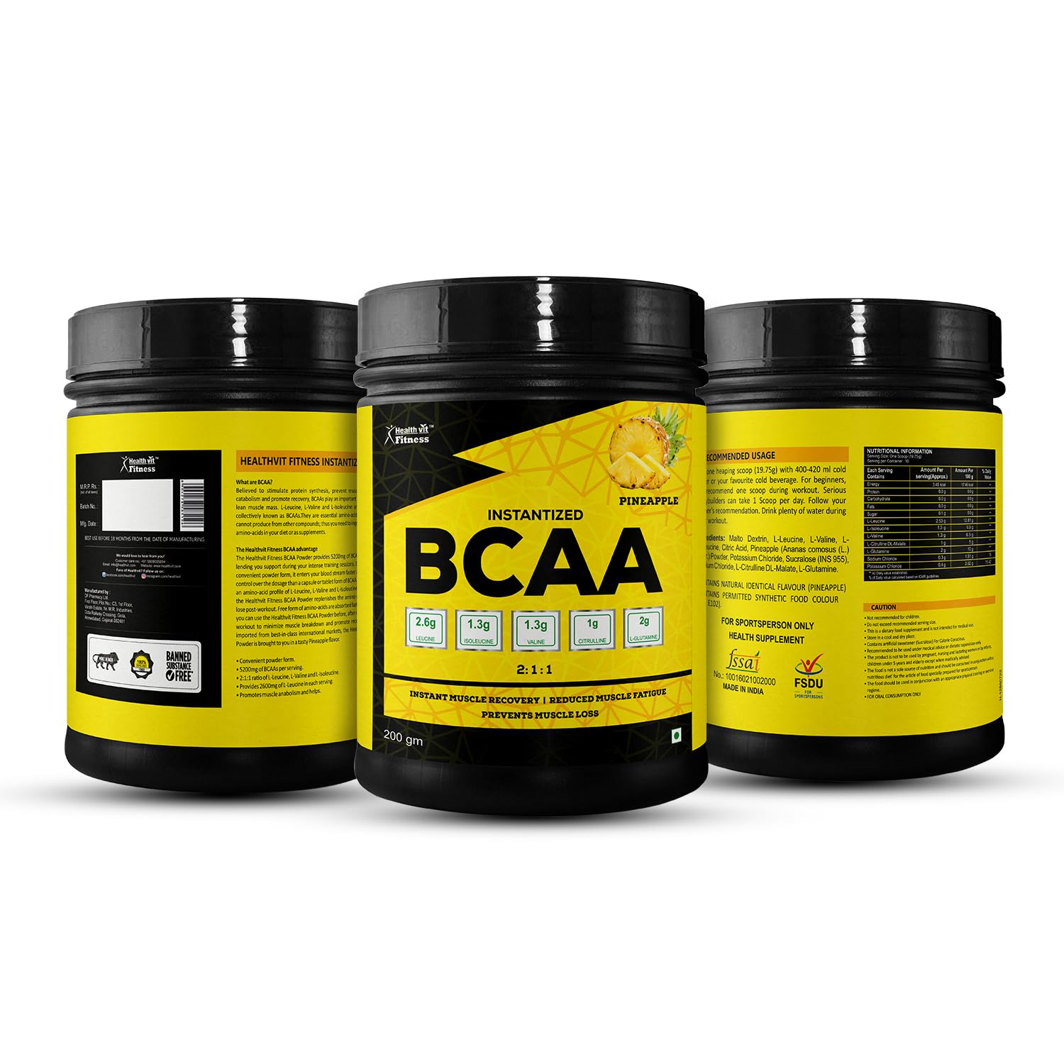 Healthvit Fitness BCAA Supplement powder for Workout | L-Leucine, L-Isoleucine and L-Valine in the ratio of 2: 1: 1 with L-Glutamine & L-Citrulline Malate – 200g Pineapple Flavor (B01N4J52YM) Amazon Price History, Amazon Price Tracker