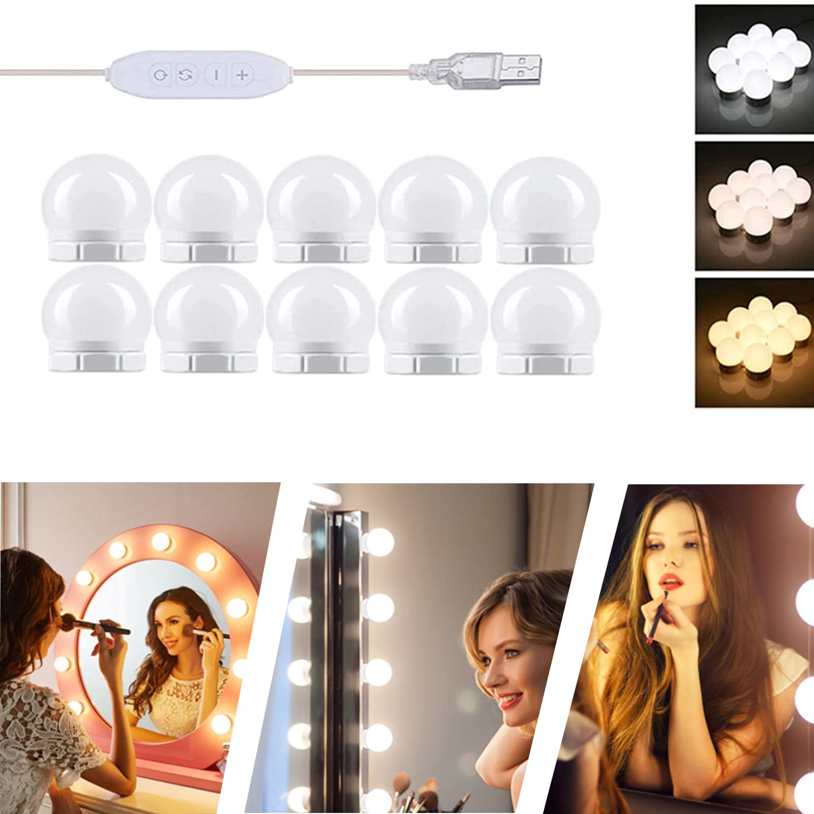 SANLION Vanity Mirror Lights, Hollywood Mirror Lights, Dressing Table Mirror Lights ​USB Cable with 10 Dimmable Bulbs Led 3 Color Modes, 10 Brightness