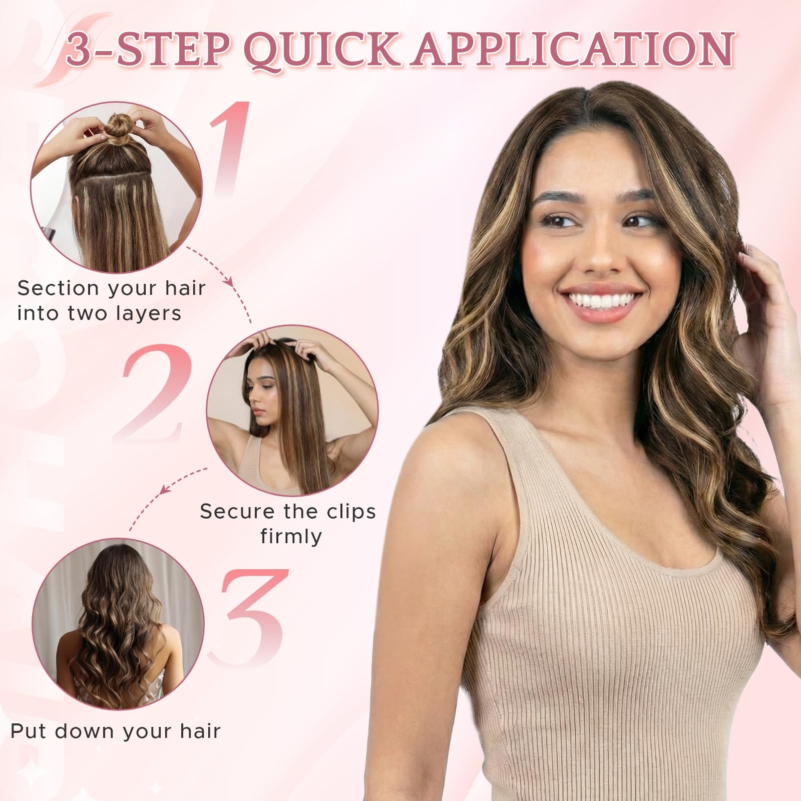 SEGOHAIR Clip in Extensions Echthaar, Glatt Clip Hair Highlights Haarverlängerung Natürlich für Frauen Damen 5-teiliges Set (1 großes Teil + 4 einzelne Clips)#01 Schwarz 50cm 52g