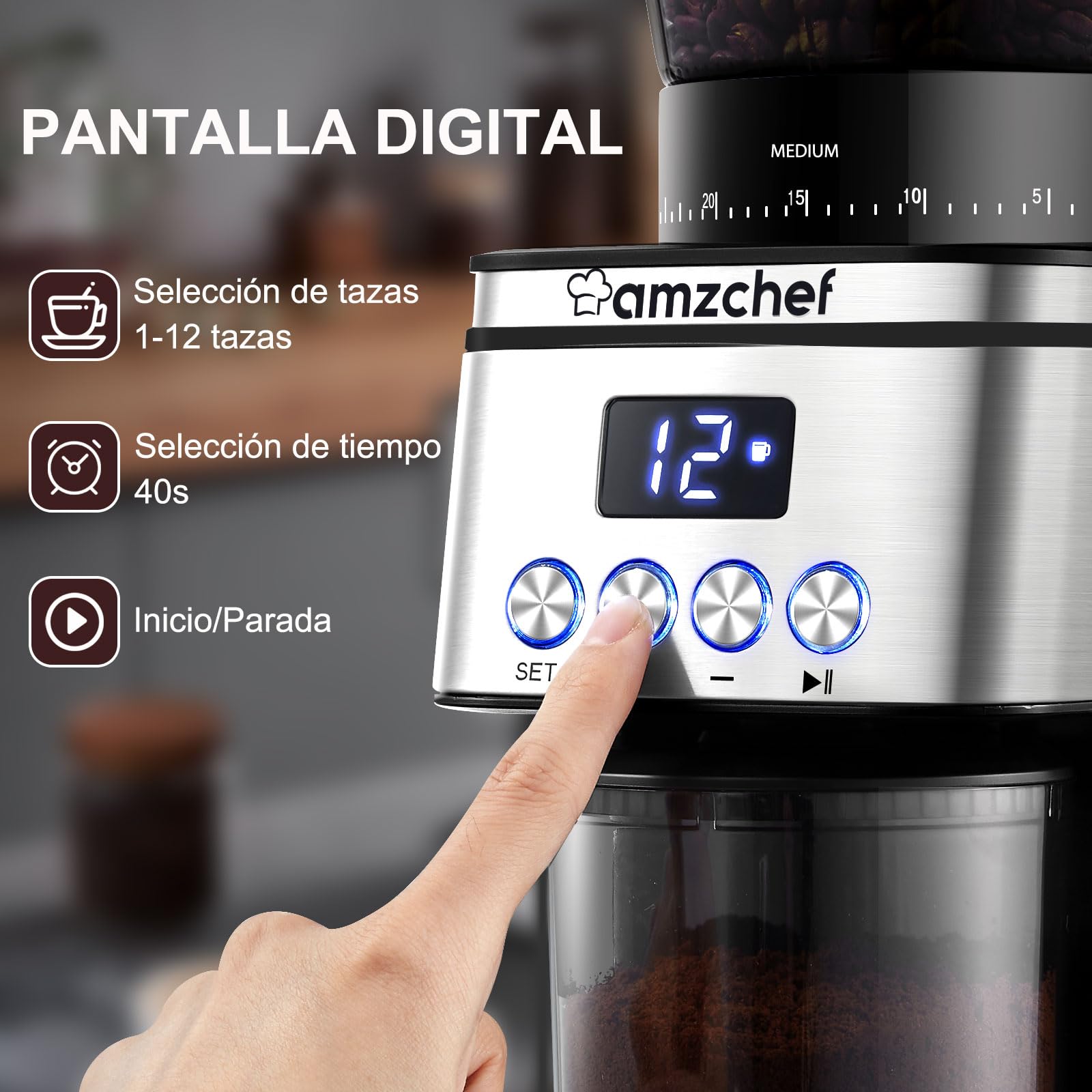 AMZCHEF Molinillo Cafe Electrico 160W | 30 Ajustes de Molido Grueso a Fino | 1-12 Tazas o Hasta 40 Segundos | Molinillo Café de Fresas | Capacidad de 300 g | Pantalla LCD y Temporizador Digital