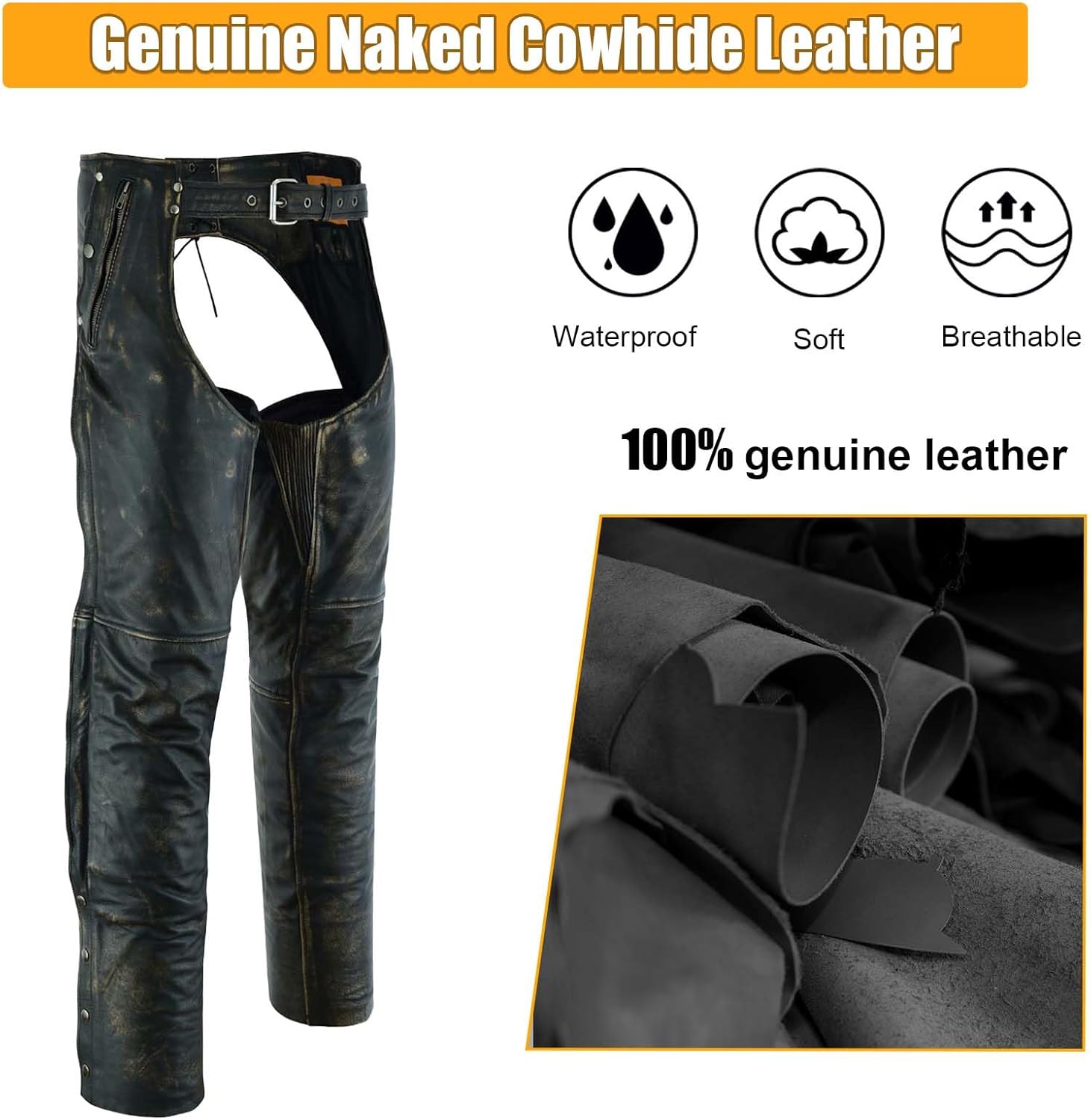 GARGOYLE BELLS Premium Motorcycle Leather Chaps for Men and Women, Genuine Leather Zipped Cowboy Motorcycle Chaps - Image 2