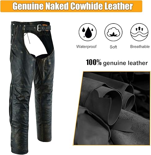 Miniatura 9 de Chaps de cuero para motocicleta para hombre, pantalones de cuero suave con múltiples bolsillos divididos