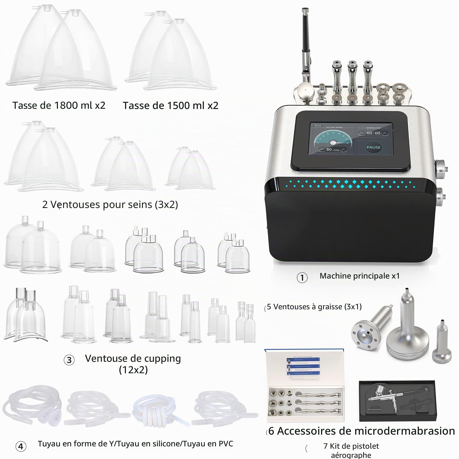 Meifuly Machine de thérapie sous vide, 3 en 1, ensemble de ventouses sous vide, soins de la peau et aérographe, avec grandes tasses de 1800 ml et 1500 ml, 0-80 cmHg, écran tactile de 5"