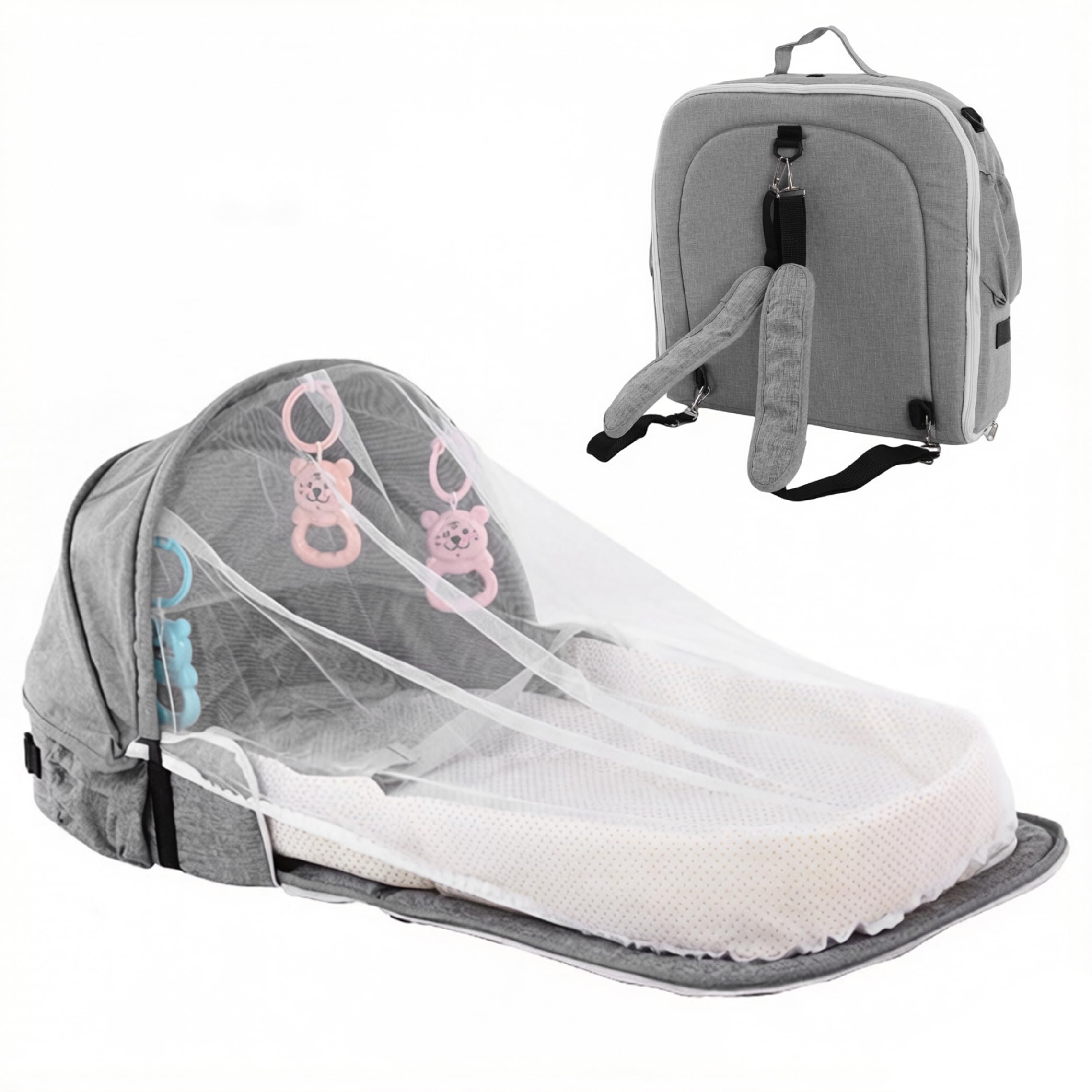 Couffin de lit pour bébé, couffin de voyage, portable et pliable pour voyage – Style sac à dos gris avec filet, pare-soleil et support à jouets amovible, lit co-couchette pour un usage quotidien