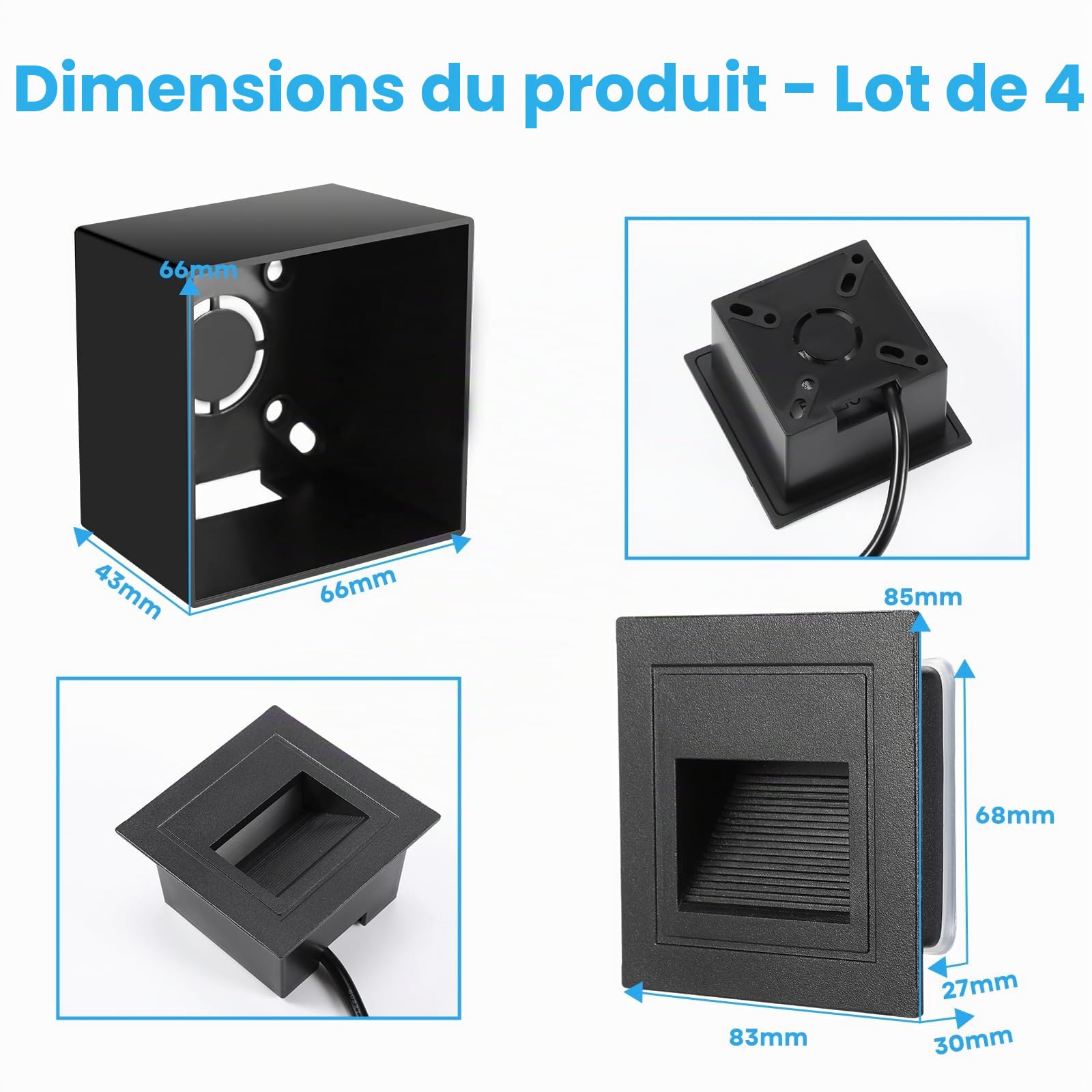 4-Pack Eclairage Escalier Exterieur 3W 300lm, Spot LED Encastrable 230V 3000K, 85x85mm, IP65 Applique Encastrée Intérieure pour Mural, Douilles Encastrées 68mm, Aluminium Noir