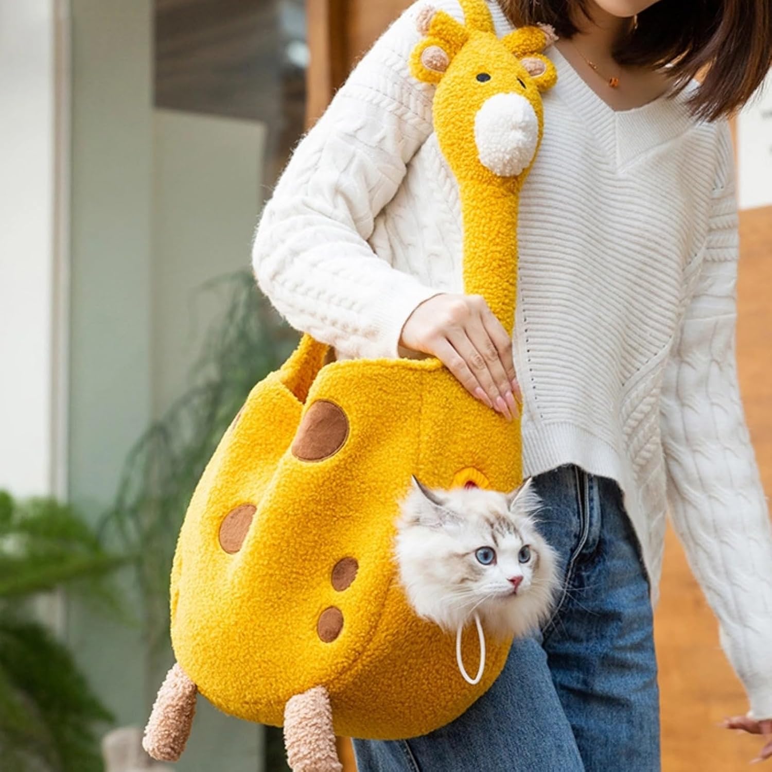 Cat Puppy Portable Giraffe Goose Shoulder Bag Breathable & Warm Options Head-Out Durable Easy to Carry Bag Pet Accessories for Cat Small Dog (Giraffe Warm,Large)