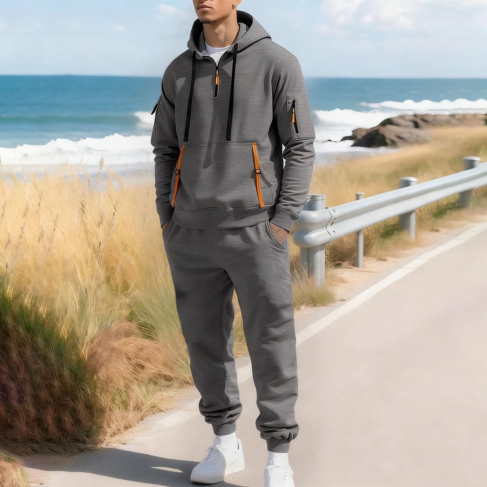 Conjunto de entrenamiento de invierno para hombre, sudadera con capucha térmica y cremallera con múltiples bolsillos, conjunto personalizable personalizable para hombre, sudadera con capucha térmica
