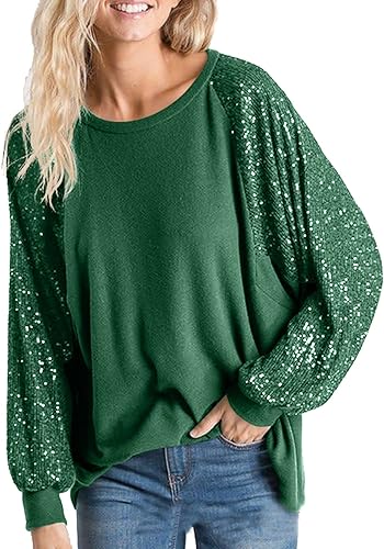 ALLTB Blusas de manga larga con lentejuelas brillantes para mujer, sudadera con purpurina brillante, para fiesta, cuello redondo, ajuste holgado