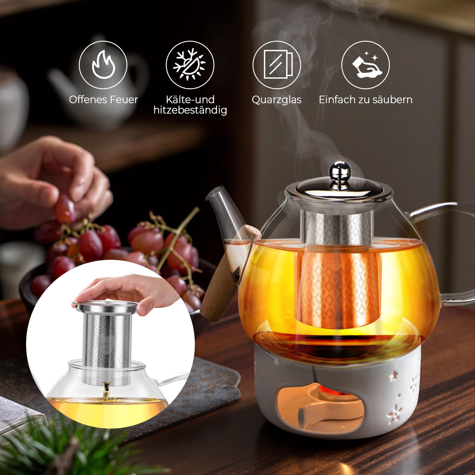 1.6L Teekanne mit Stövchen, Teekanne mit Siebeinsatz, Teekanne Glas Borosilikatglas mit Keramik Teekanne Wärmer, Borosilikatglas Glaskanne für Home Cafe Teemilch