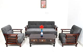 DaneWood Solid Sheesham Wood 5 Seater Grey Color Sofa Set for Living Room | Wooden Sofa Set Furniture | 3+1+1 Sofa Set Woo...