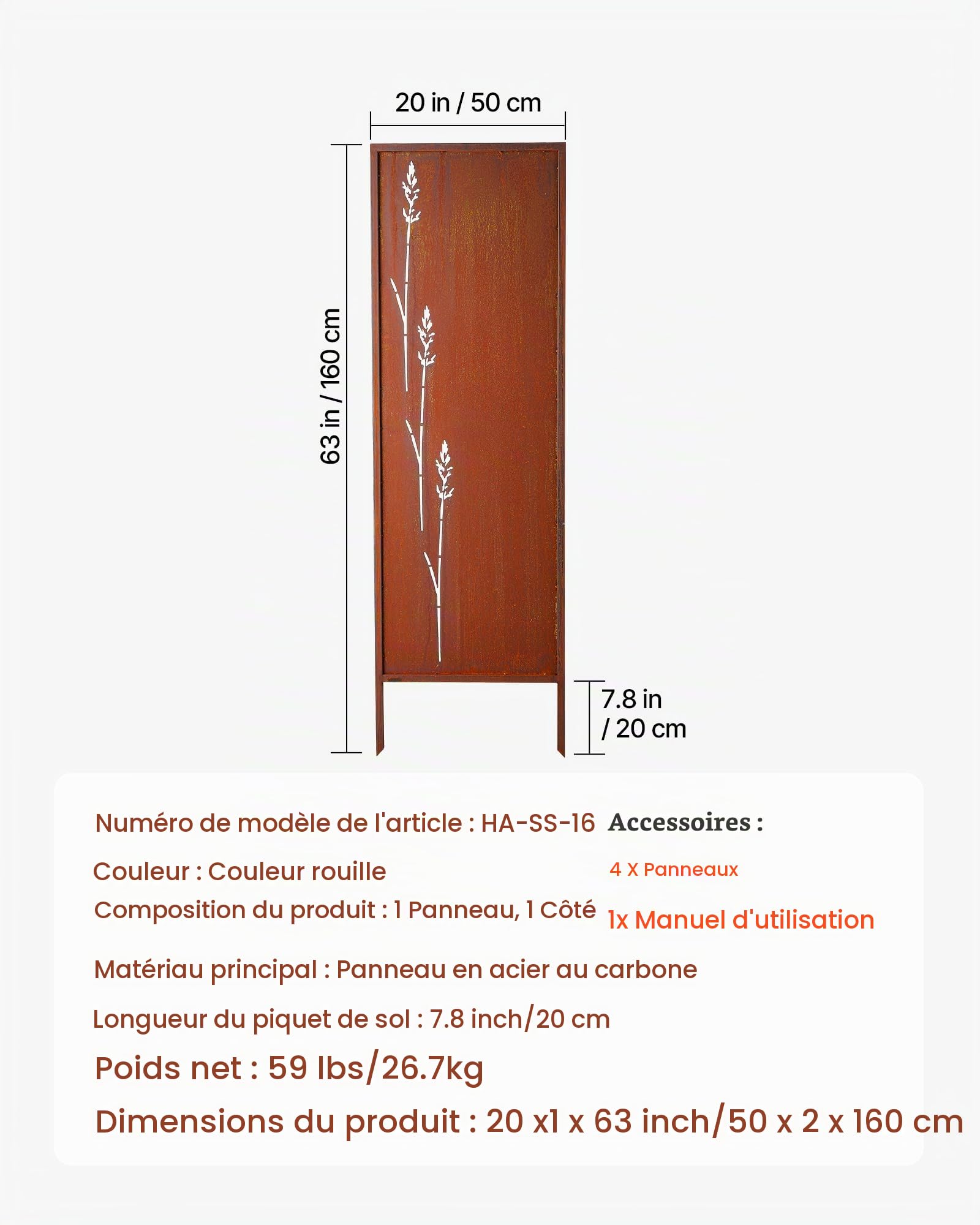 VEVOR Panneau Brise Vue Extérieur Métal 50x160 cm Paravent Extérieur Décoratif Autoportant, Écran d'Intimité, Séparation de Jardin, Acier au Carbone, Piquets de Sol, Motifs Naturels Ajourés, Lot de 4