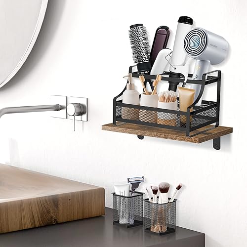 Miniatura 6 de Soporte para secador de pelo montado en la pared, organizador de herramientas calientes de metal, 2 tazas, soporte para secadora de pelo para