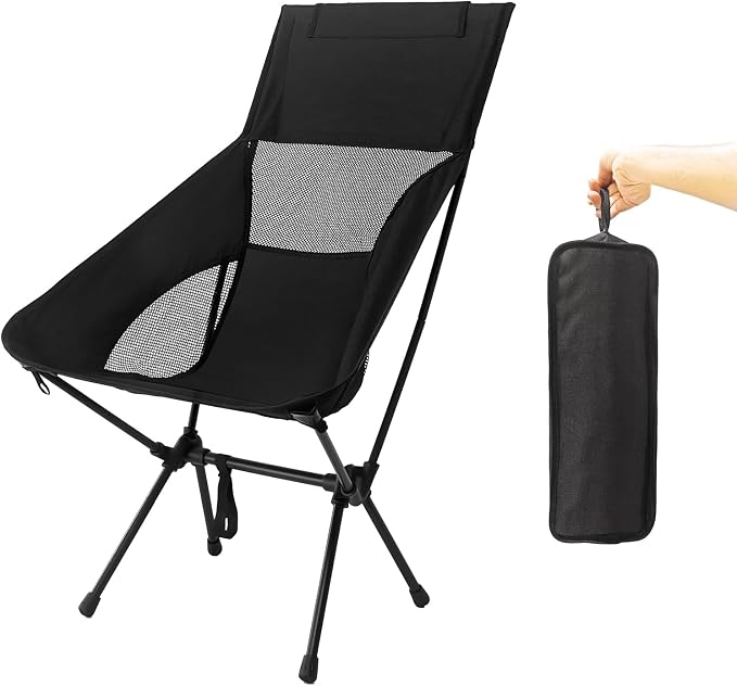 IEJ High Back Camping Chair, Ultra-Lightweight Compact Folding Backpacking Chair for Adults with Carry Bag, Quick Setup for Outdoor Camping, Beach & Hiking Travel-Black
