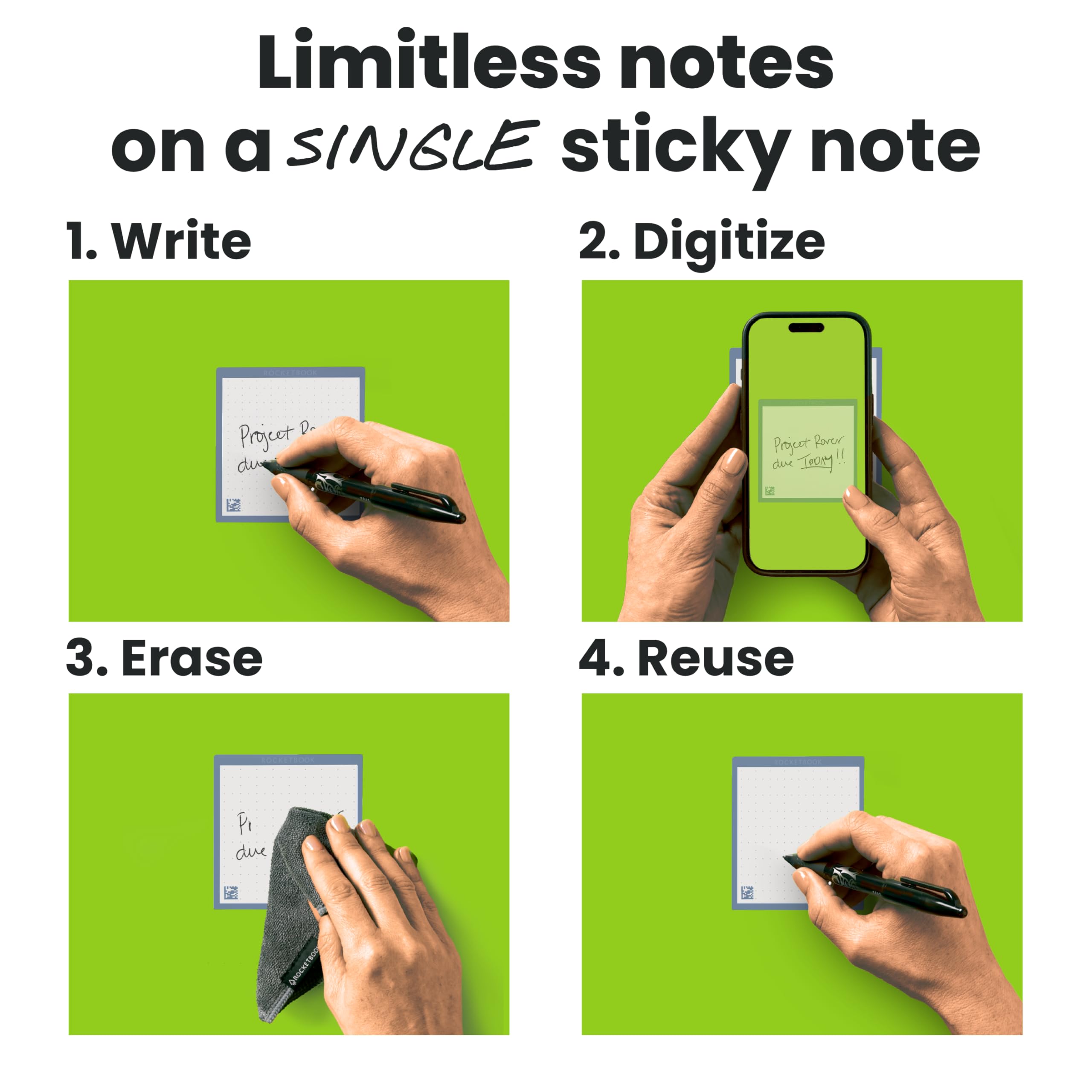 Rocketbook Foglietti adesivi riutilizzabili con custodia, penna e asciugamano inclusi, 7,6 x 7,6 cm, 31 fogli di carta punteggiata, collegati all'app, cancellabili, adesivi riutilizzabili, ideali per