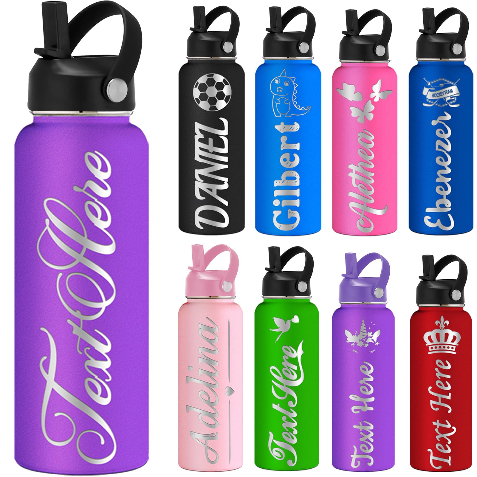 Hapelf Personalized Kids Water Bottle Custom 32oz Insulated Bottles Customized Engraved Name Water Flask with Straw School Stainless Steel Gifts Girls