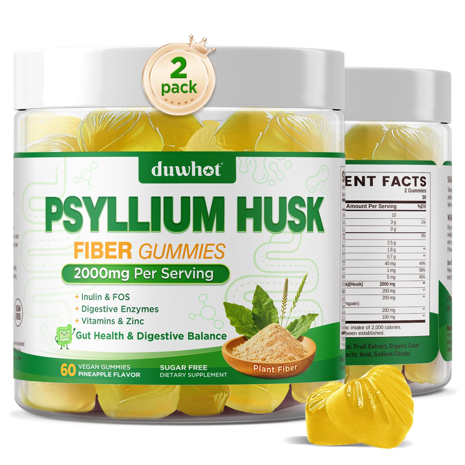 Psyllium Husk Gummies for Adults, 2000mg Psyllium Husk Fiber Supplements 60 Count (Pack of 2)