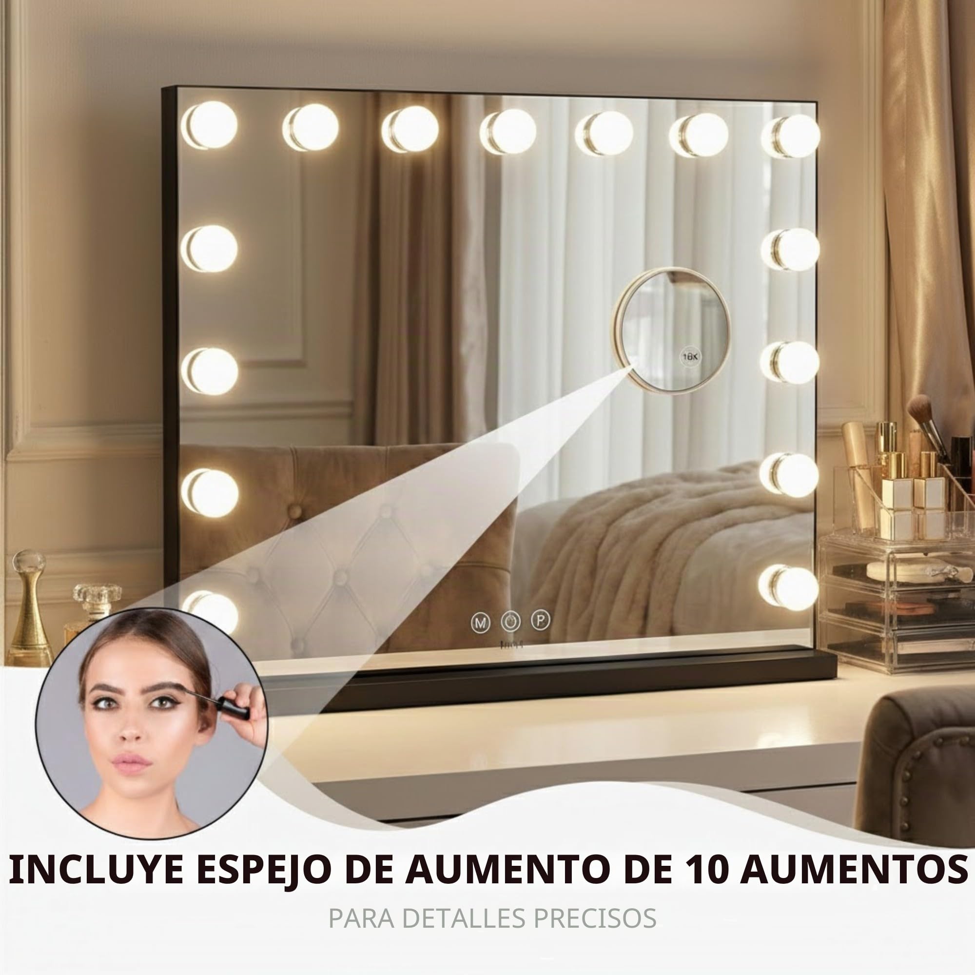 Bayt Hollywood Espejo 58 x 46 cm, Espejo Maquillaje con 15 Luces, Espejo de Aumento 10x, Regulable, Ampliación, Negro