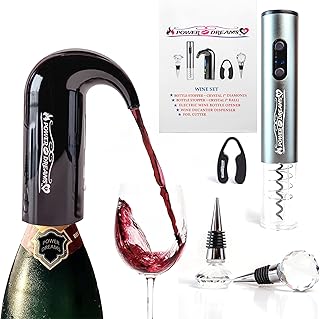 POWER DREAMS - WINE GIFT SET & BEST WINE BAR KIT (*5 In 1)-Wine Aerator Decanter Dispenser Pourer, Electric Bottle Opener Corkscrew, Bottle Stoppers X2, Foil Cutter, CHRISTMAS HOLIDAY+BIRTHDAY GIFTS