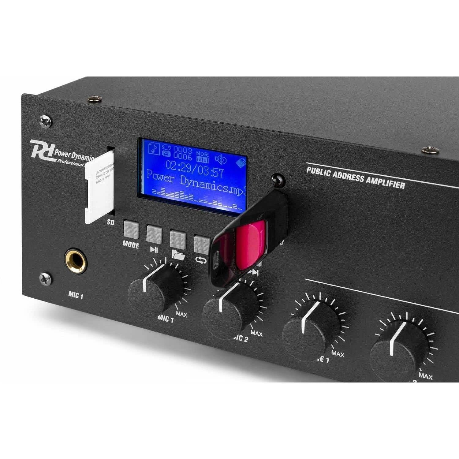 Power Dynamics PPA502 Amplificateur 2 Zones Bluetooth 100V 50W Lecteur MP3 USB Télécommande Entrée Ligne Prise 6,3mm
