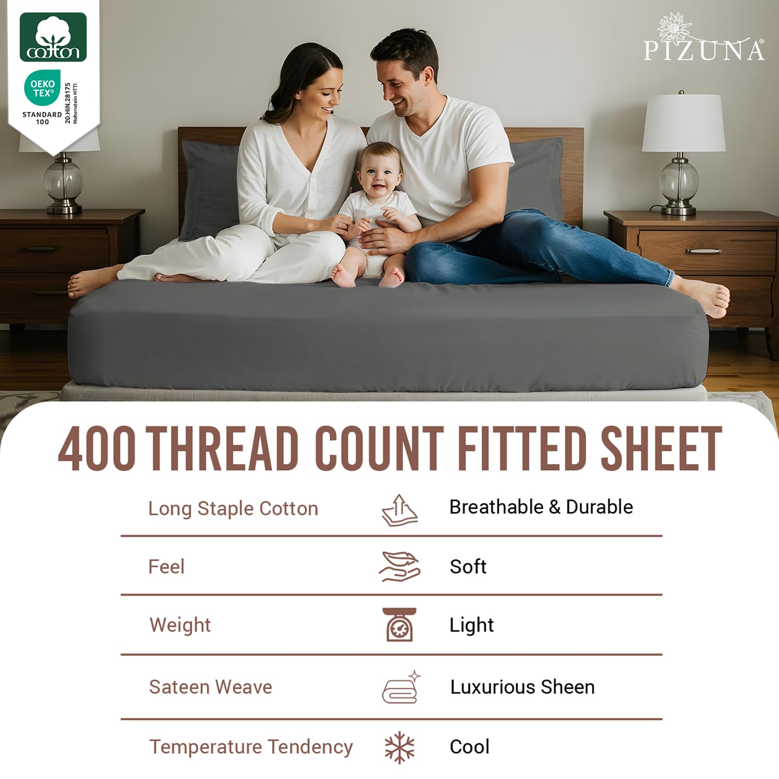 Pizuna 400 Thread Count King Size Fitted Sheet 150x200 cm with 2 Pillowcases, Dark Grey, 100% Long Staple Cotton - Image 2