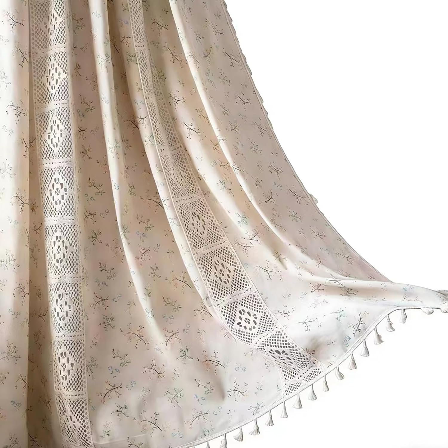 Deeprove Boho Curtains for Bedroom, Cream Hollow Crochet Stripes and Florals Print Cotton Linen Fabric Patchwork, Bohemian Beige Tassel Semi-Blackout Window Panel Farmhouse Drape 1 Panel, W59 x L84