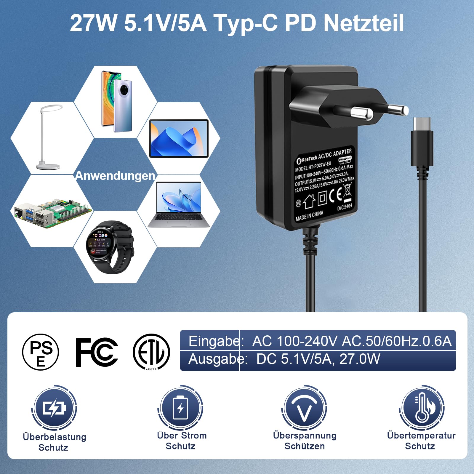 RasTech Raspberry Pi 5 8GB Starter Kit - Inkl. Gehäuse, Lüfter, Netzkabel, Kühlkörper, 64GB Karte & Zubehör