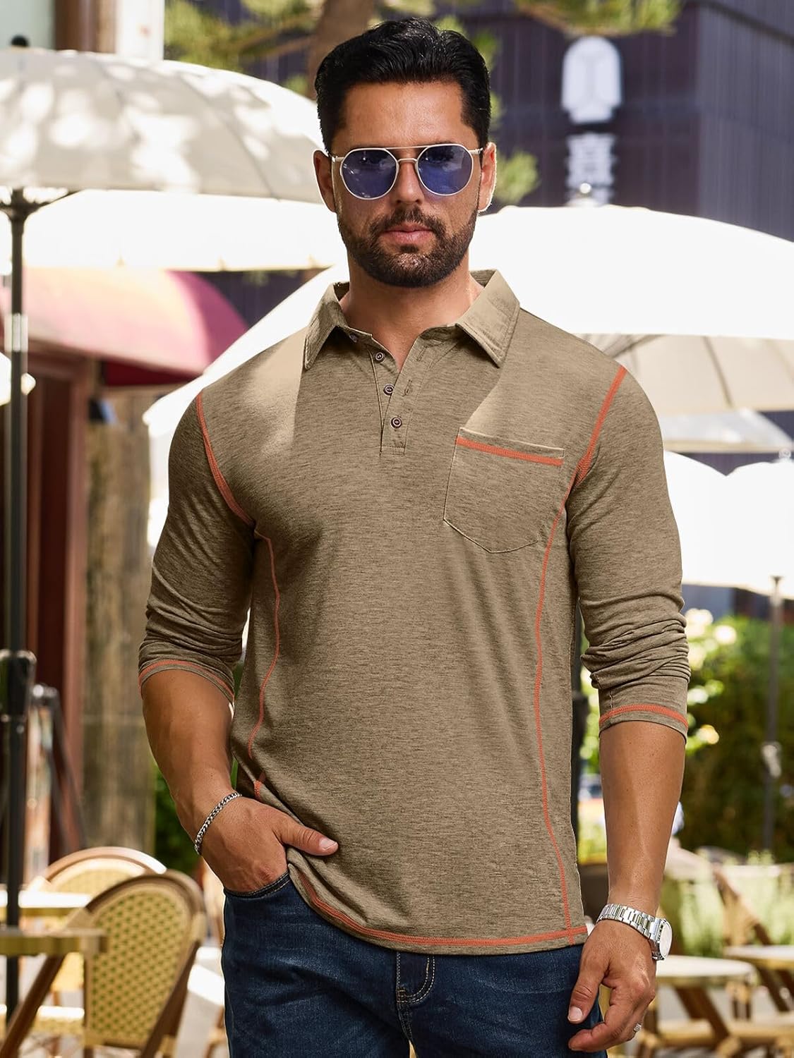 Mens Fashion Polo Shirts Classic Long Sleeve Basic Button Tees Stylish Tops Golf Shirts with Pocket - Image 3