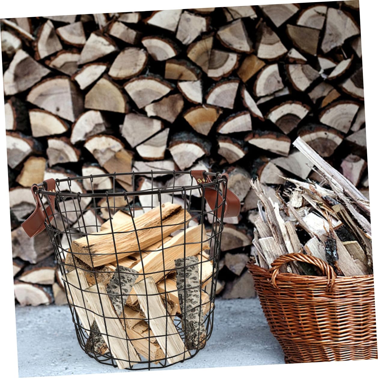 Cesto Porta Legna Rotondo in Ferro Stile Rustico per Casa | Grande Capacità, Adatto anche Barbecue All'aperto, Design Farmhouse con Manico