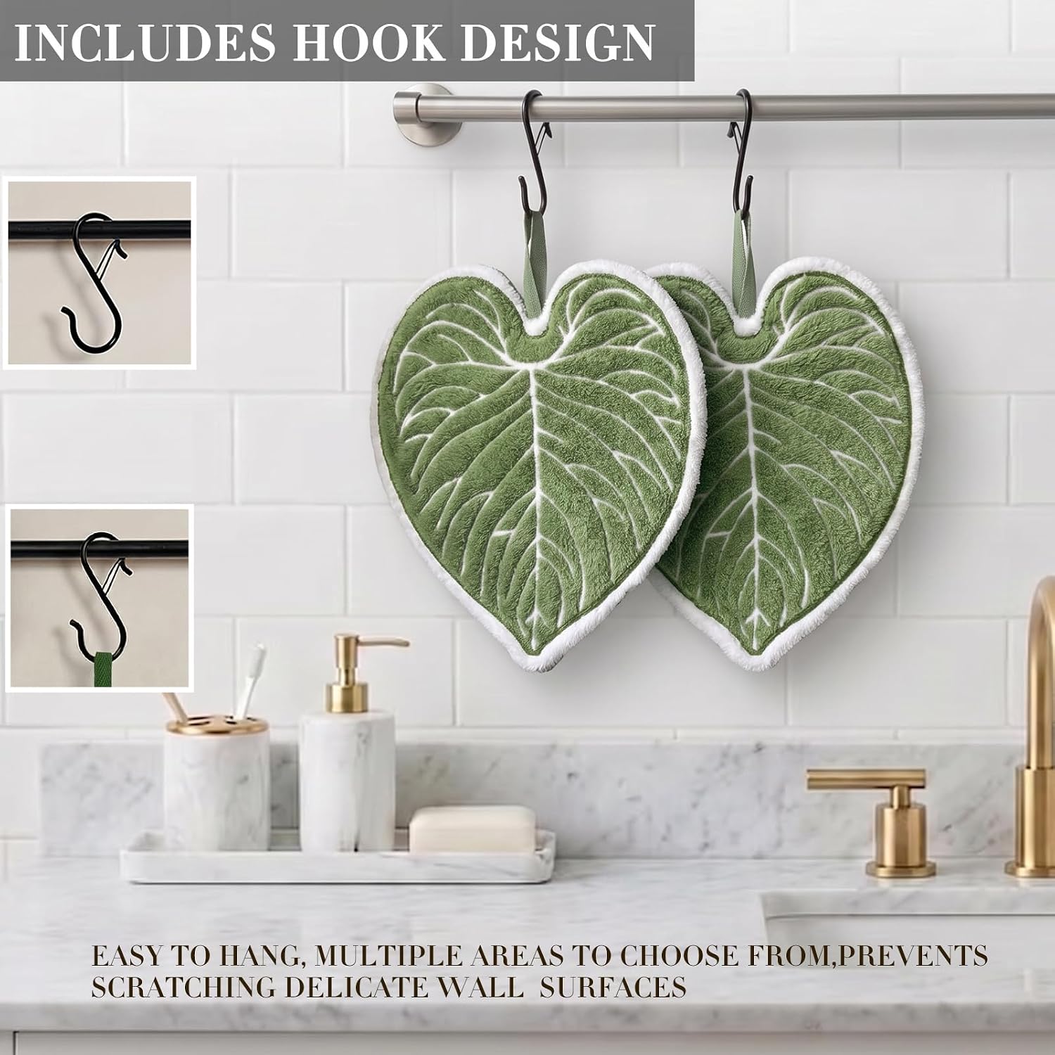 Sisher 2 Pack Green Leaf Hand Towel,Bathroom Hand Towel with Hanging Loop image 3