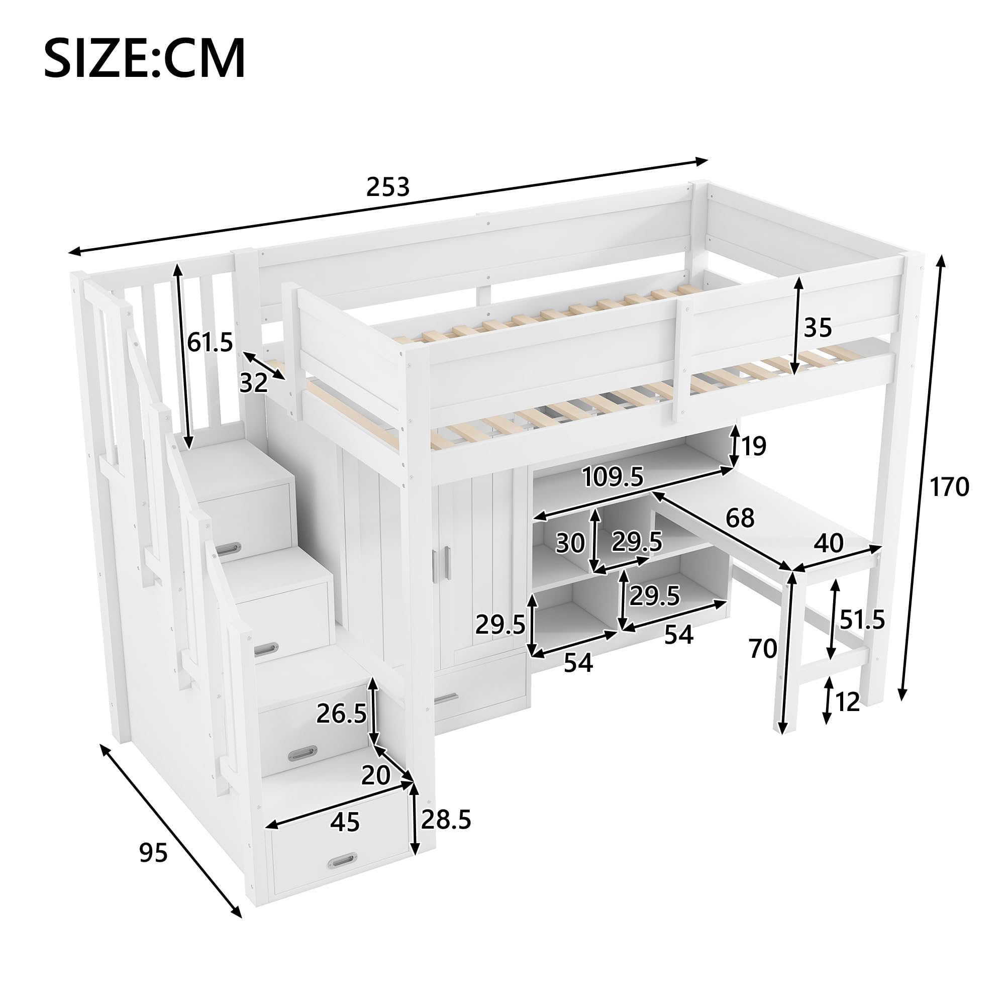 90 x 200 cm, łóżko piętrowe z biurkiem i regałem, szafa na ubrania, schody do przechowywania i diody LED, białe