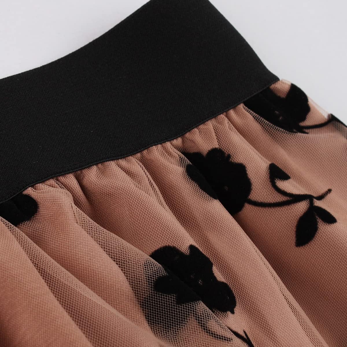 Heart Floral Long Tulle Skirts for Women Fairy Elastic High Waist Pleated A-Line Flared Midi Skirts Party Evening Tutu Skirt