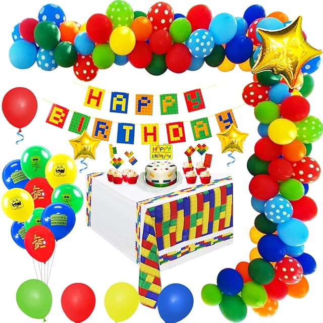 Building Block Birthday Decorations, Kids Birthday Brick Party Supplies with Happy Birthday Banner and Cake Toppers Tablecloth for Boys and Girls