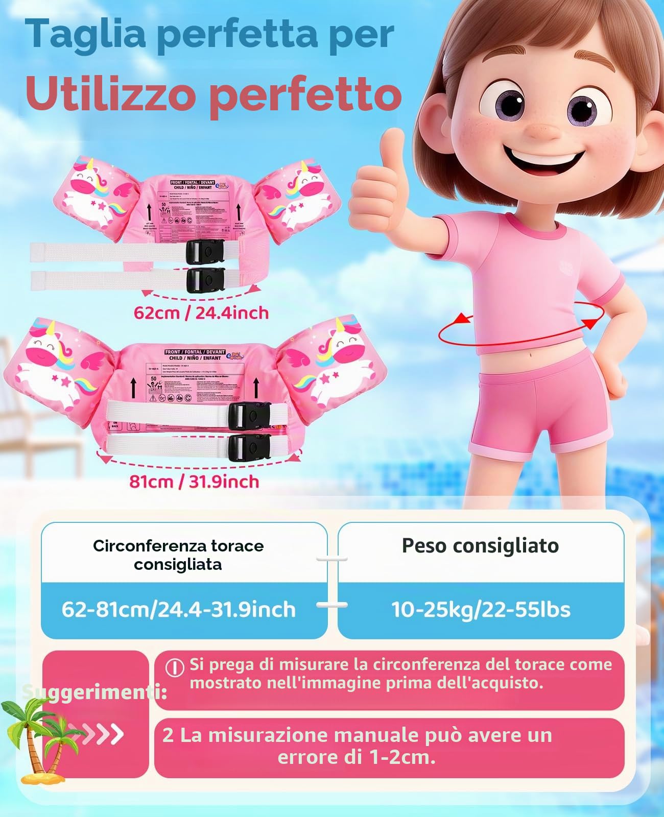 HeySplash Braccioli Gonfiabili, Canottiera per Piscina, Braccioli da Nuoto, Galleggiante per Nuoto Accessori per Bambini con Motivo Cartone Animato, Unicorno Rosa