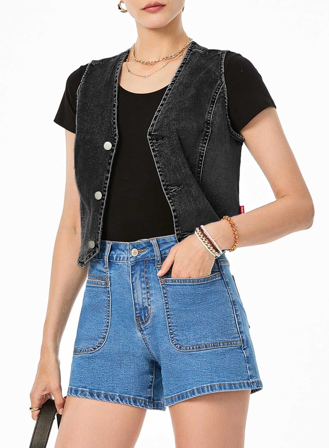 Sidefeel Women's Denim Vest Sleeveless V Neck Zimbaplatinum Jean Vest Top Button Down Crop Waistcoat Vest Summer Outfit - Image 5