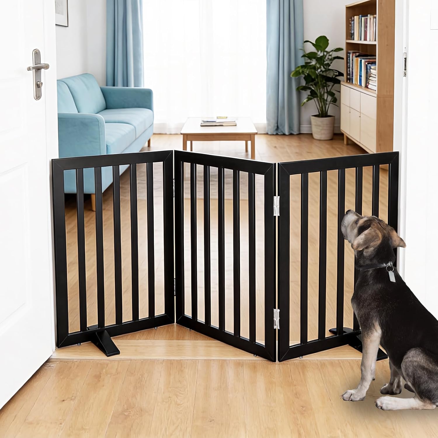 Dog Gate Indoor, Freestanding Dog Fence for The House, Doorways, Hallways,or Stairs,Pet Gate Foldable Wooden,Expandable 24 Height 3 Panels,Black